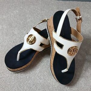 Tommy Hilfiger Gelia Open Toe Casual Cork Platform Sandals White/Navy 8 Womens